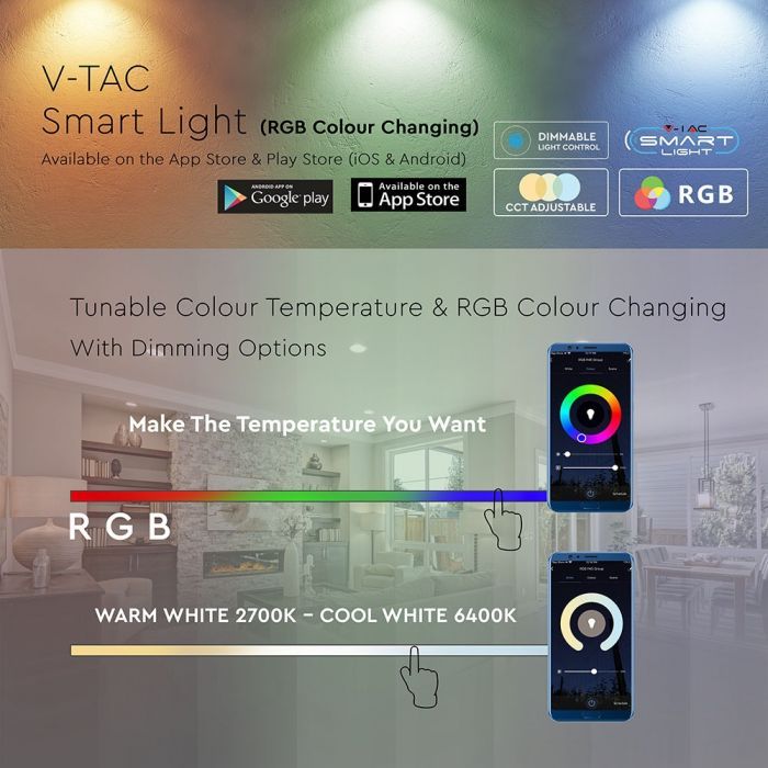 V-TAC SMART 10W A60 Bulb Compatible With Amazon Alexa And Google Home RGB+WW+CW E27