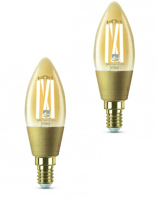 4lite WiZ Connected LED Smart E14 Candle Filament Bulb Amber Wifi & Bluetooth (2 Pack)