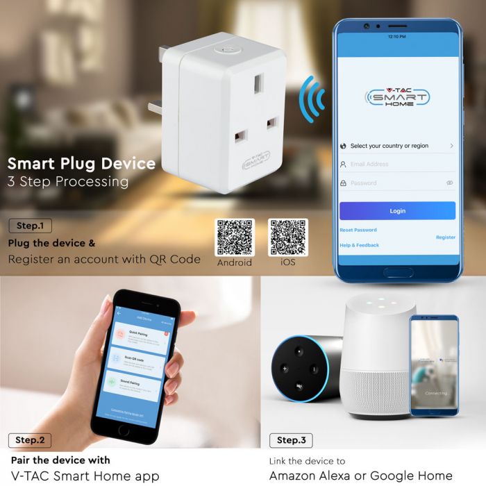 V-Tac Smart Wifi Mini Plug With Usb-Compatible With Alexa & Google Home