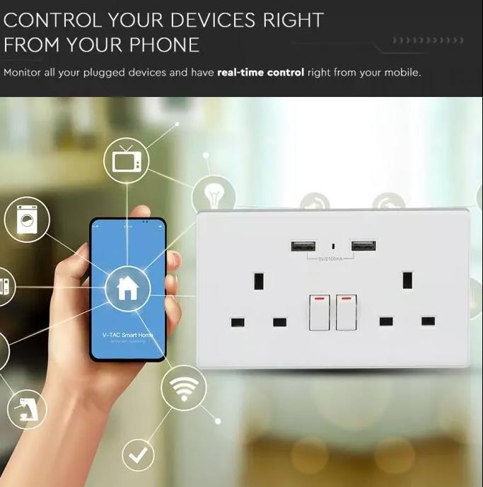 V-Tac Smart Wifi Wall Socket With Alexa & Google Home