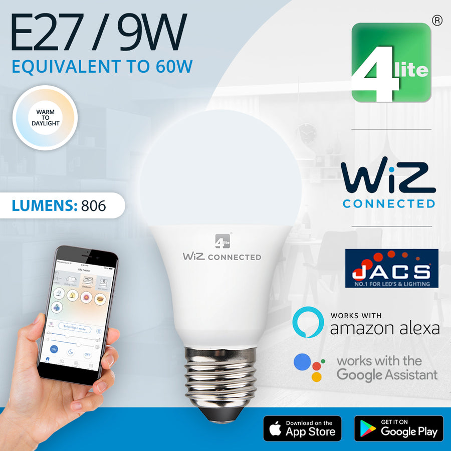 4lite WiZ Connected E27 White Smart Bulbs, 4 Pack