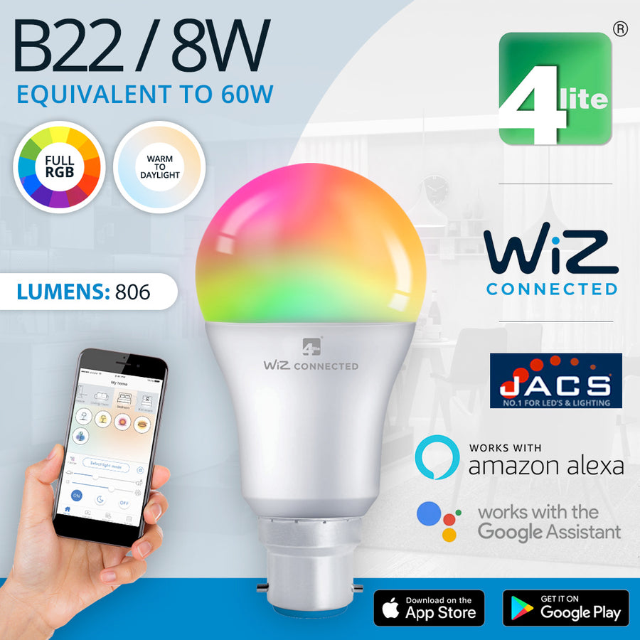 4Lite Wiz Connected LED SMART BULB WIFI & BLUETOOTH BC (B22) COLOUR CHANGING, TUNEABLE WHITE & DIMMABLE