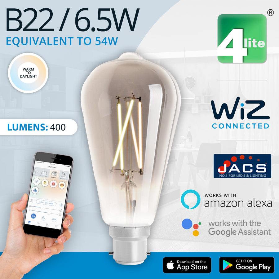 4Lite Wiz Connected LED Smart ST64 Filament Bulb Smoky BC (B22) Tuneable White & Dimmable