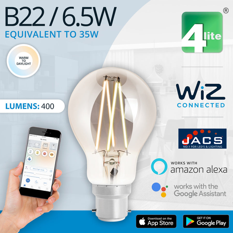 4Lite Wiz Connected LED Smart Filament Bulb Smoky BC (B22) Tuneable White & Dimmable