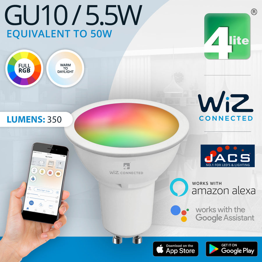 4Lite Wiz Connected LED Smart GU10 Bulb WiFi & Bluetooth, Colours and Tuneable White & Dimmable (2 Pack)