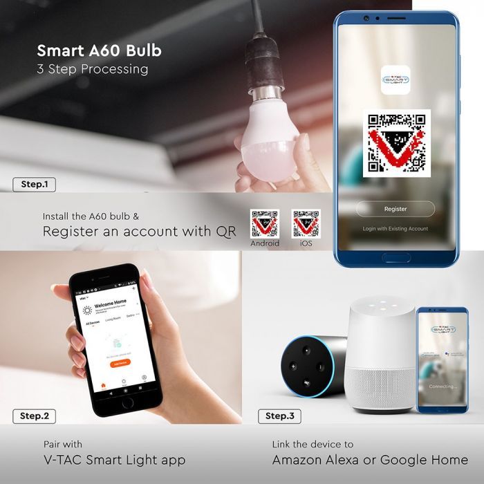 V-TAC Smart B22 10w Bulb Compatible With Amazon Alexa & Google Home RGB+WW+CW