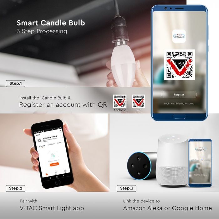 V-TAC SMART E14 Candle Compatible With Amazon Alexa & Google Home RGB+WW+CW