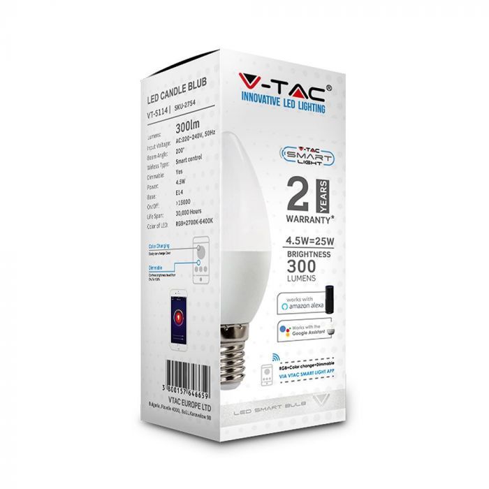 V-TAC SMART E14 Candle Compatible With Amazon Alexa & Google Home RGB+WW+CW