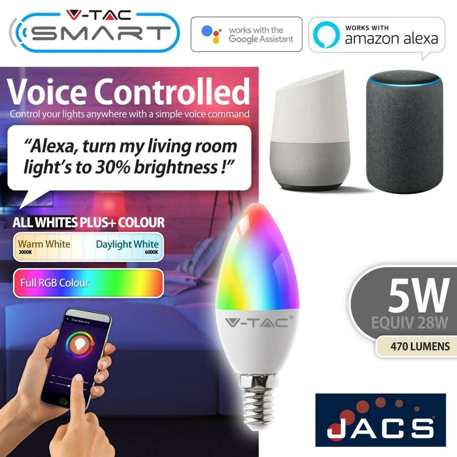 V-TAC SMART E14 Candle Compatible With Amazon Alexa & Google Home RGB+WW+CW